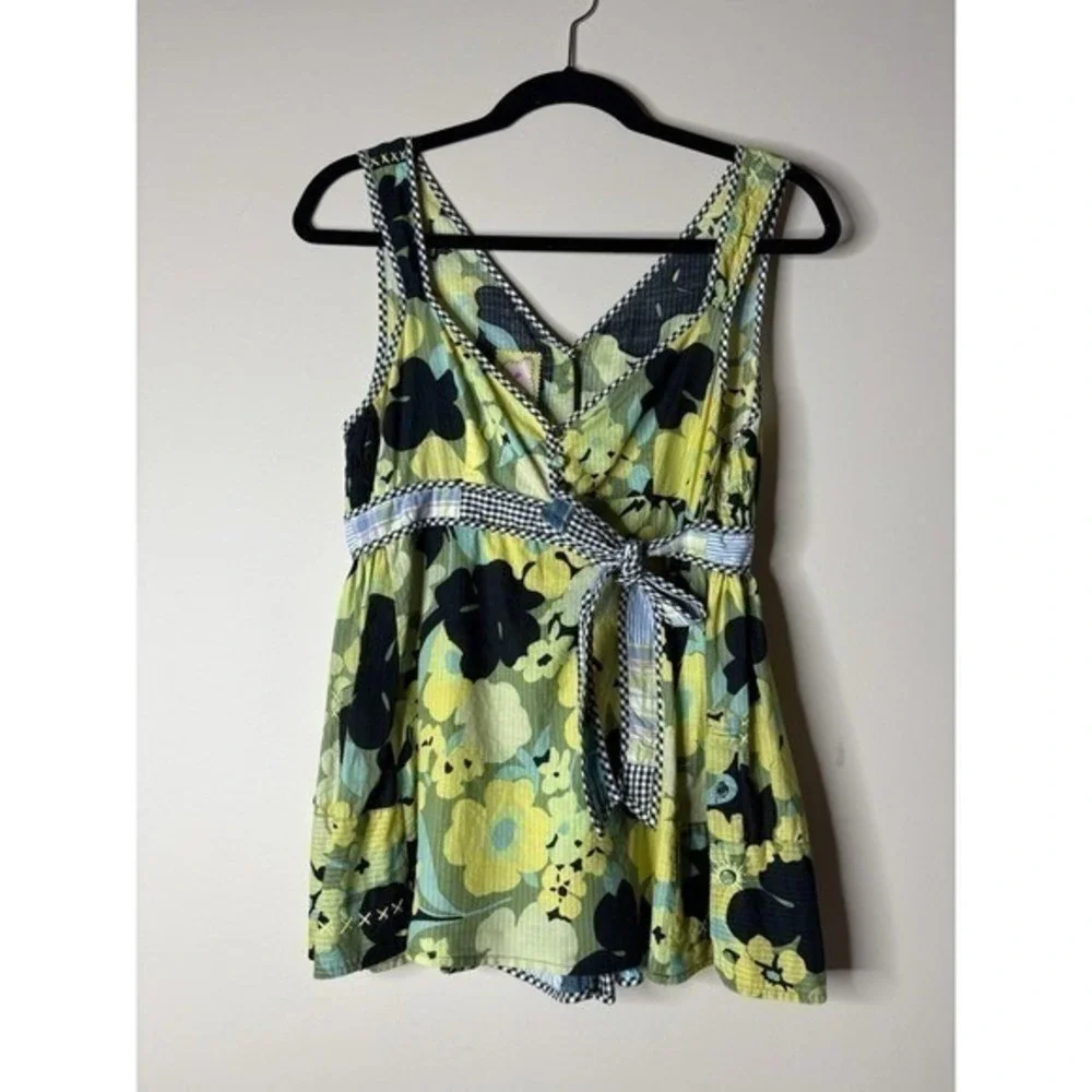 Free People Floral Patchwork Tunic‎ Top Lime Green Navy V-Neck Sleeveless Size 4